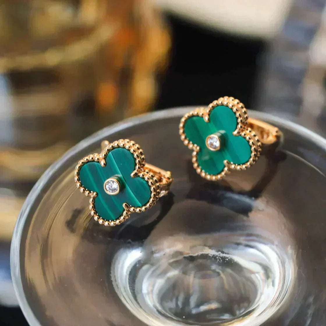[Aurelle Style]CLOVER MEDIUM 1 MOTIFS MALACHITE DIAMOND EARRINGS