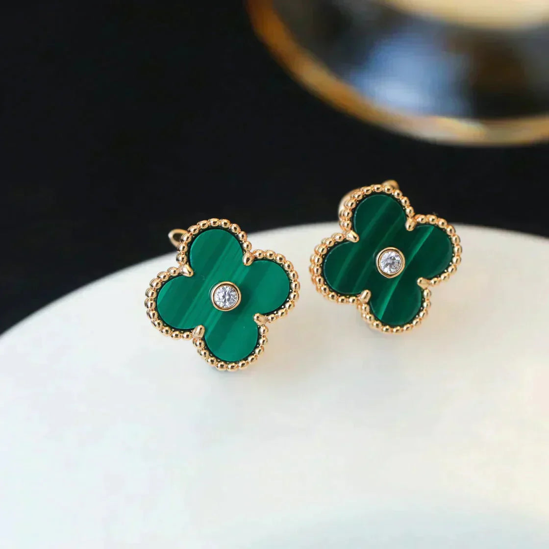 [Aurelle Style]CLOVER MEDIUM 1 MOTIFS MALACHITE DIAMOND EARRINGS