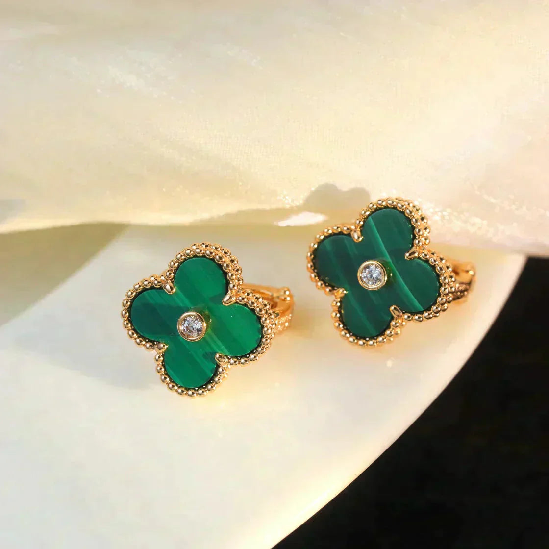[Aurelle Style]CLOVER MEDIUM 1 MOTIFS MALACHITE DIAMOND EARRINGS
