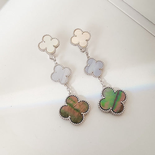 [Aurelle Style]CLOVER 3 MOTIFS CHALCEDONY DARK MOP SILVER EARRINGS