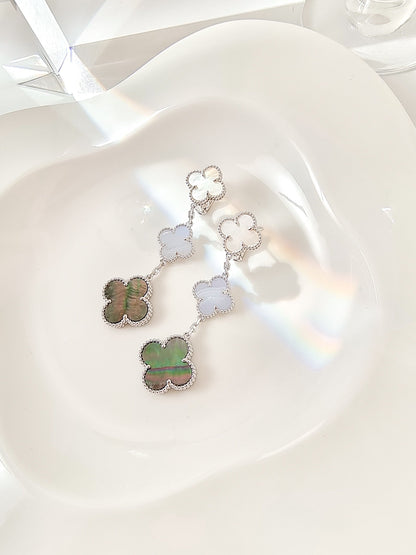 [Aurelle Style]CLOVER 3 MOTIFS CHALCEDONY DARK MOP SILVER EARRINGS