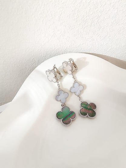 [Aurelle Style]CLOVER 3 MOTIFS CHALCEDONY DARK MOP SILVER EARRINGS