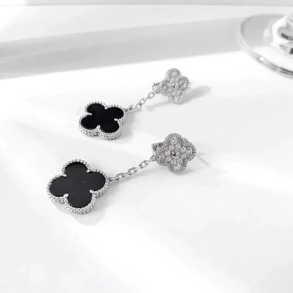 [Aurelle Style]CLOVER 2 MOTIFS  DIAMOND ONYX EARRINGS SILVER