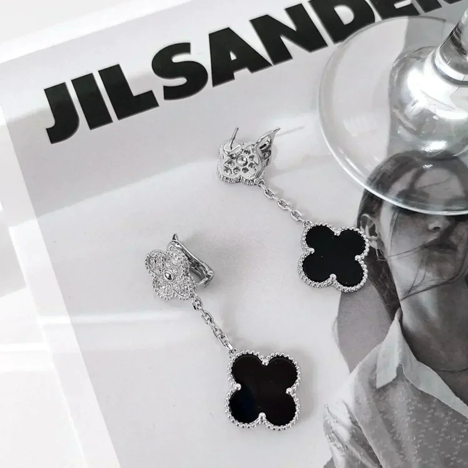 [TOP]CLOVER 2 MOTIFS  DIAMOND ONYX EARRINGS SILVER
