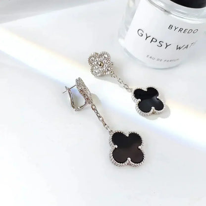 [Aurelle Style]CLOVER 2 MOTIFS  DIAMOND ONYX EARRINGS SILVER