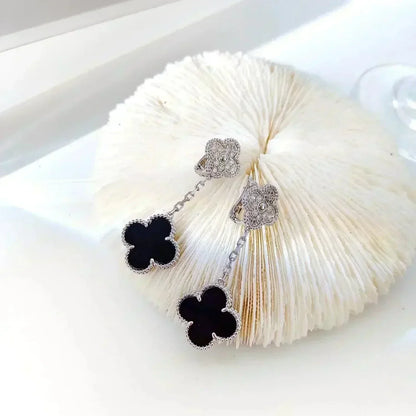 [Aurelle Style]CLOVER 2 MOTIFS  DIAMOND ONYX EARRINGS SILVER