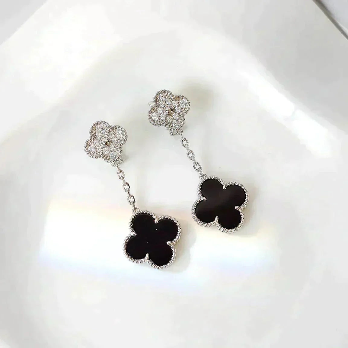 [Aurelle Style]CLOVER 2 MOTIFS  DIAMOND ONYX EARRINGS SILVER