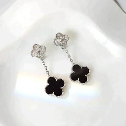 [Aurelle Style]CLOVER 2 MOTIFS  DIAMOND ONYX EARRINGS SILVER