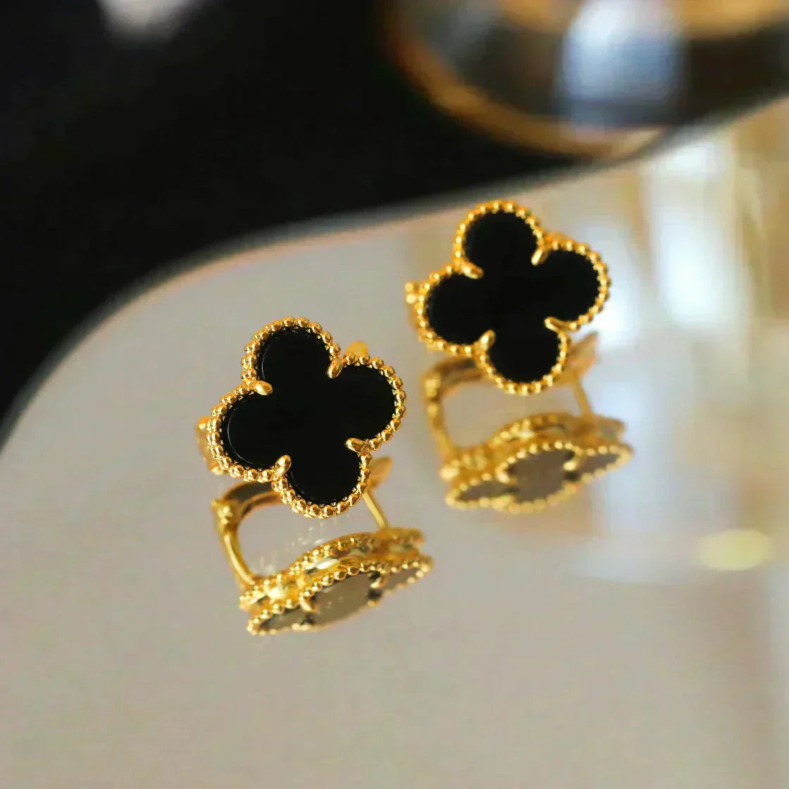 [Aurelle Style]CLOVER MEDIUM 1 MOTIFS  ONYX STUD EARRINGS