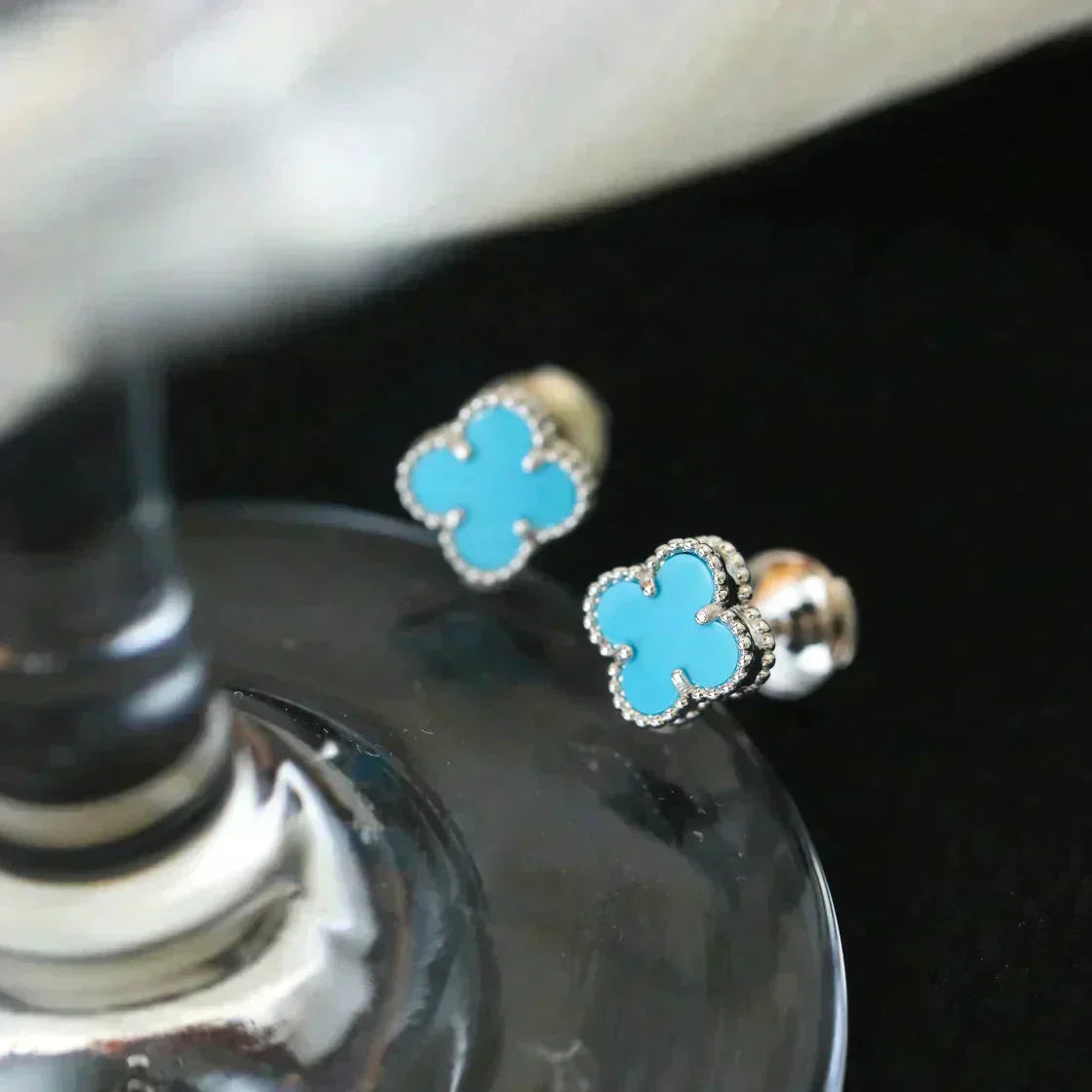 [Aurelle Style]CLOVER MINI 9.5MM ONYX STUD EARRINGS SILVER
