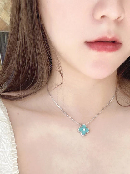 [Aurelle Style]CLOVER 1 DIAMOND LIGHT BLUE SILVER NECKLACE
