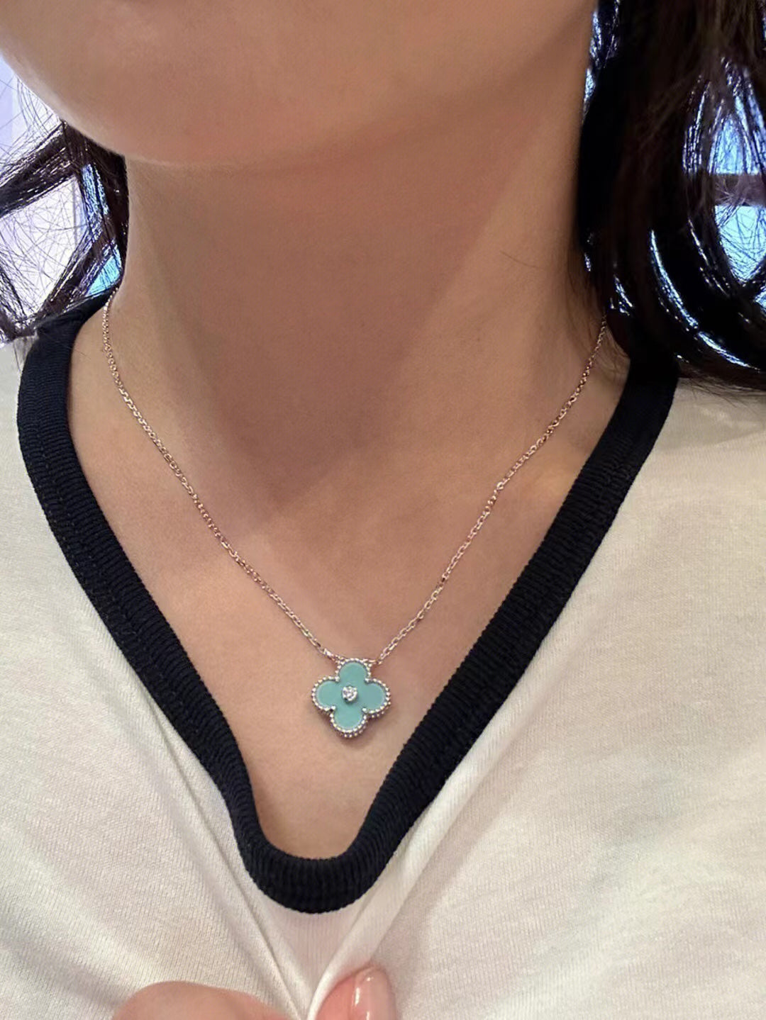[Aurelle Style]CLOVER 1 DIAMOND LIGHT BLUE SILVER NECKLACE