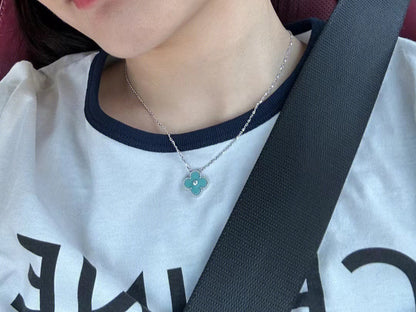 [Aurelle Style]CLOVER 1 DIAMOND LIGHT BLUE SILVER NECKLACE