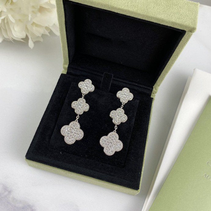 [Aurelle Style]CLOVER 3 MOTIF DIAMOND SILVER DROP EARRINGS