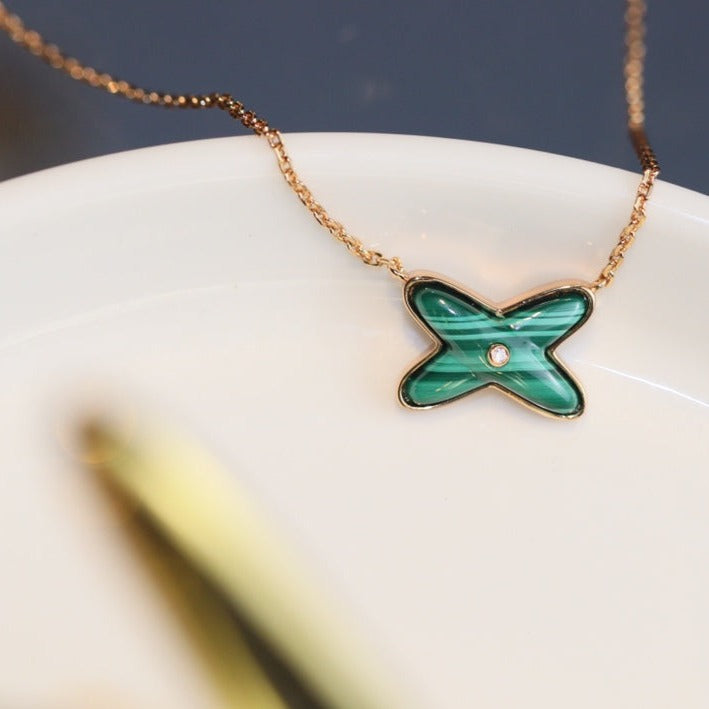 [Aurelle Style]JEUX MALACHITE 1 DIAMOND PINK GOLD NECKLACE