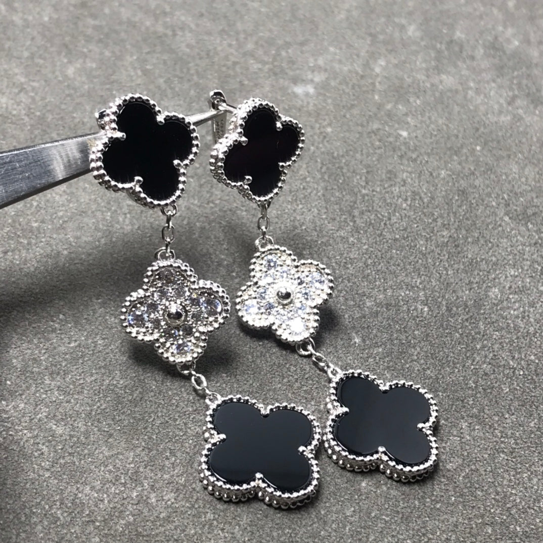 [Aurelle Style]CLOVER 3 MOTIF DIAMOND ONYX SILVER EARRINGS