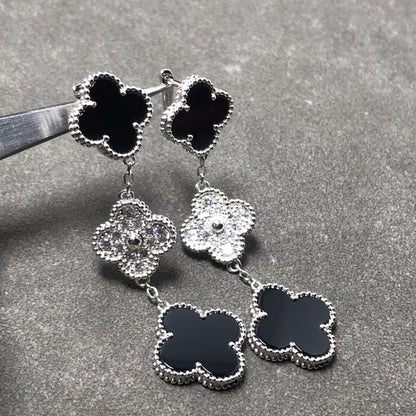 [Aurelle Style]CLOVER 3 MOTIF DIAMOND ONYX SILVER EARRINGS
