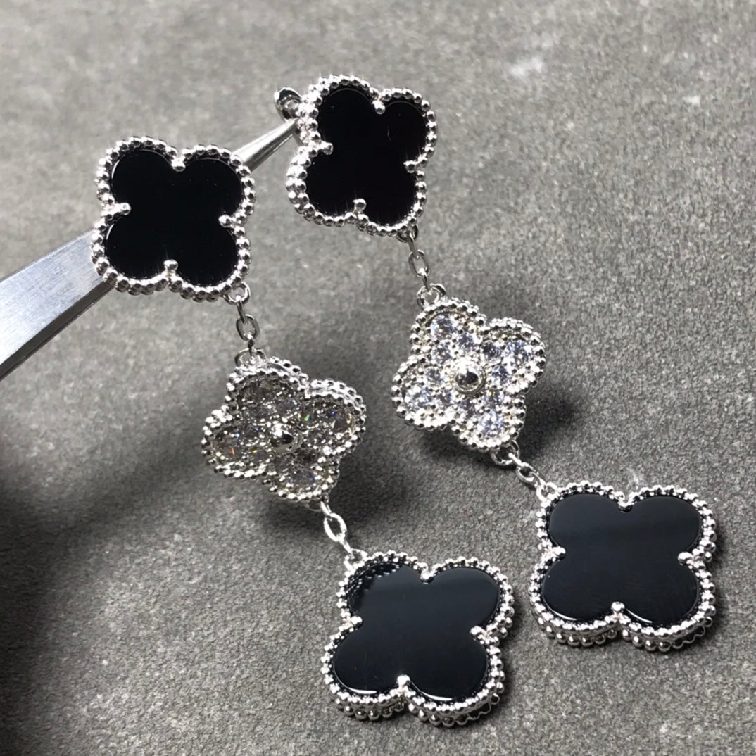 [Aurelle Style]CLOVER 3 MOTIF DIAMOND ONYX SILVER EARRINGS