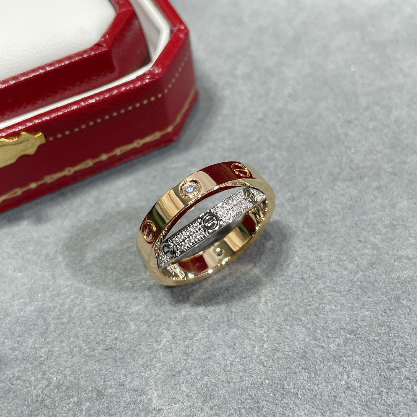 [Aurelle Style]LOVE PINK GOLD SILVER DIAMOND DOUBLE RING