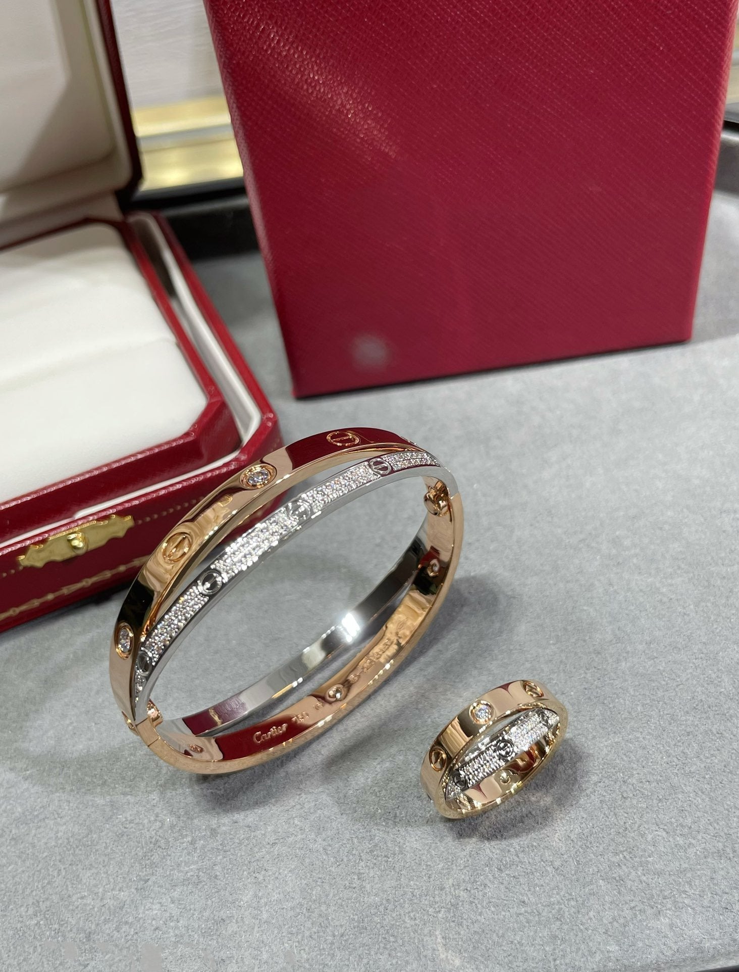[Aurelle Style]LOVE PINK GOLD SILVER DIAMOND DOUBLE RING