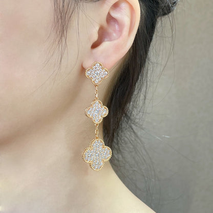 [Aurelle Style]CLOVER 3 MOTIFS DIAMOND PAVED ROSE GOLD EARRINGS