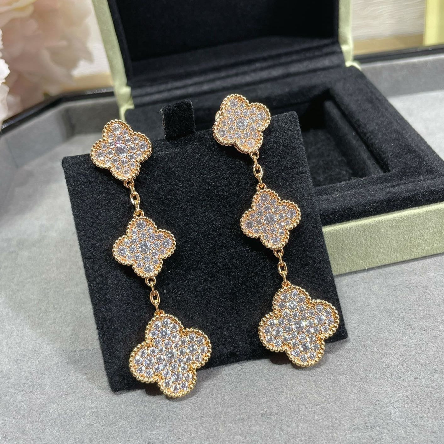[Aurelle Style]CLOVER 3 MOTIFS DIAMOND PAVED ROSE GOLD EARRINGS