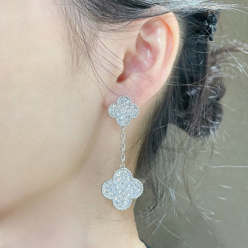 [Aurelle Style]CLOVER 2 MOTIFS DIAMOND PAVED SILVER EARRINGS