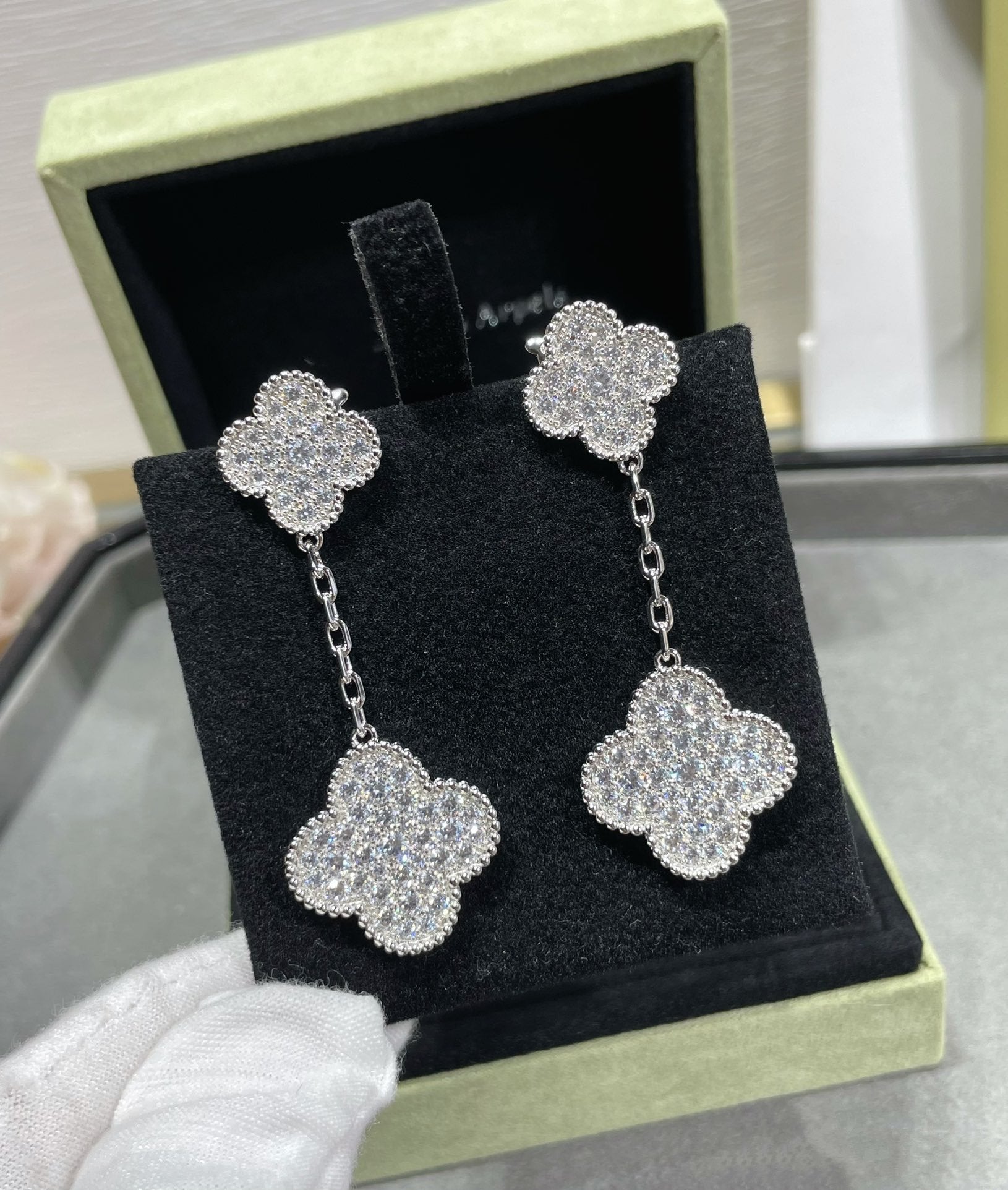 [Aurelle Style]CLOVER 2 MOTIFS DIAMOND PAVED SILVER EARRINGS