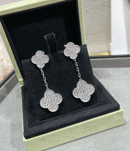 [Aurelle Style]CLOVER 2 MOTIFS DIAMOND PAVED SILVER EARRINGS