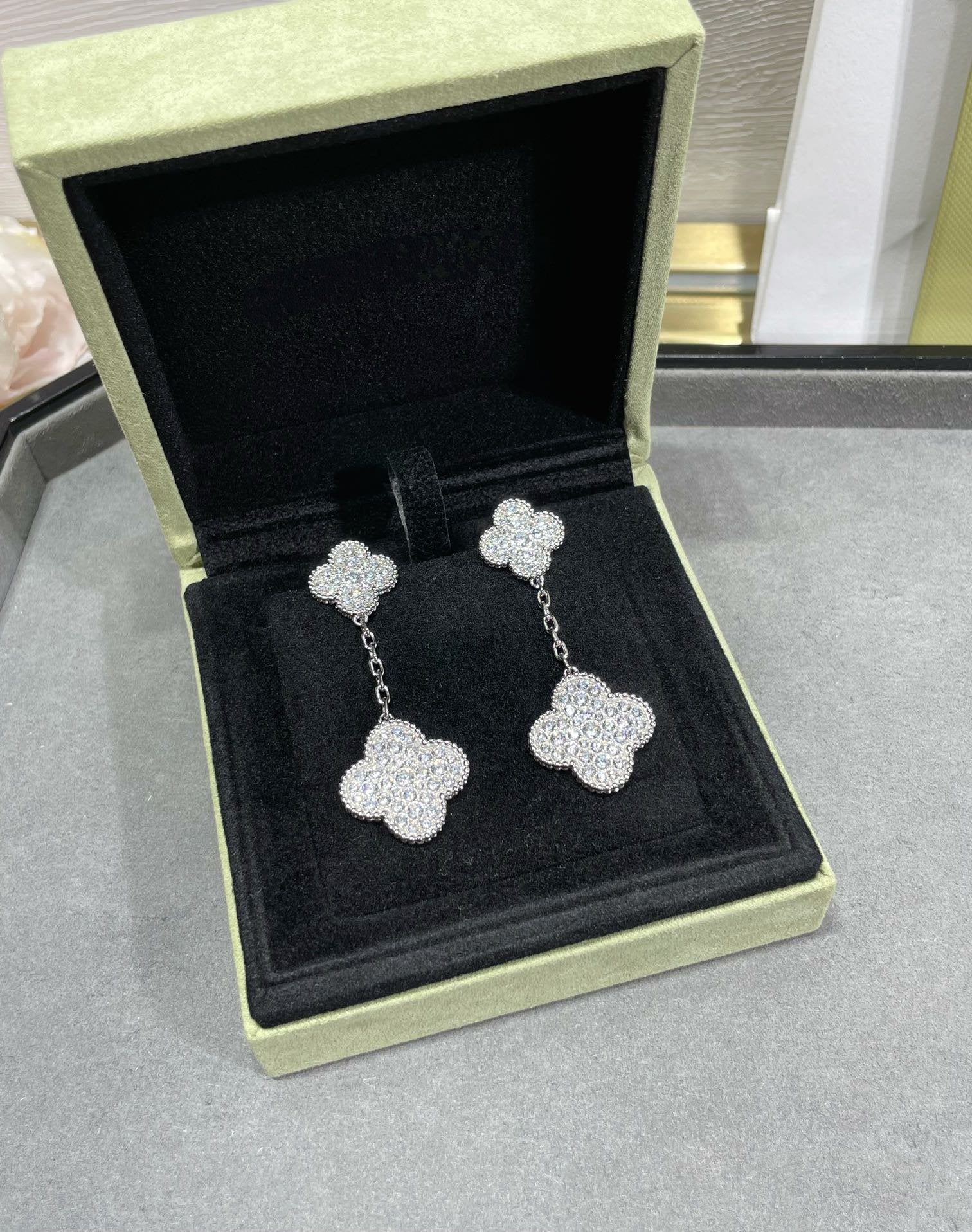 [Aurelle Style]CLOVER 2 MOTIFS DIAMOND PAVED SILVER EARRINGS