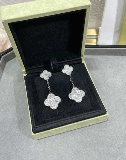 [Aurelle Style]CLOVER 2 MOTIFS DIAMOND PAVED SILVER EARRINGS