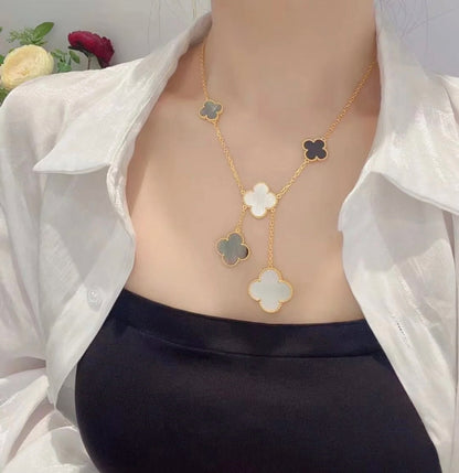[Aurelle Style]CLOVER 6 MOTIF MOP ONYX GOLD NECKLACE