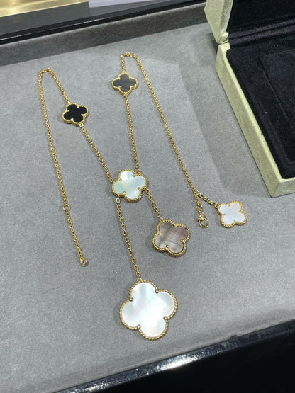[Aurelle Style]CLOVER 6 MOTIF MOP ONYX GOLD NECKLACE