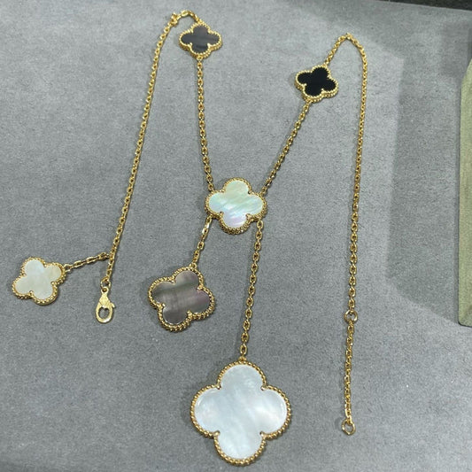 [Aurelle Style]CLOVER 6 MOTIF MOP ONYX GOLD NECKLACE