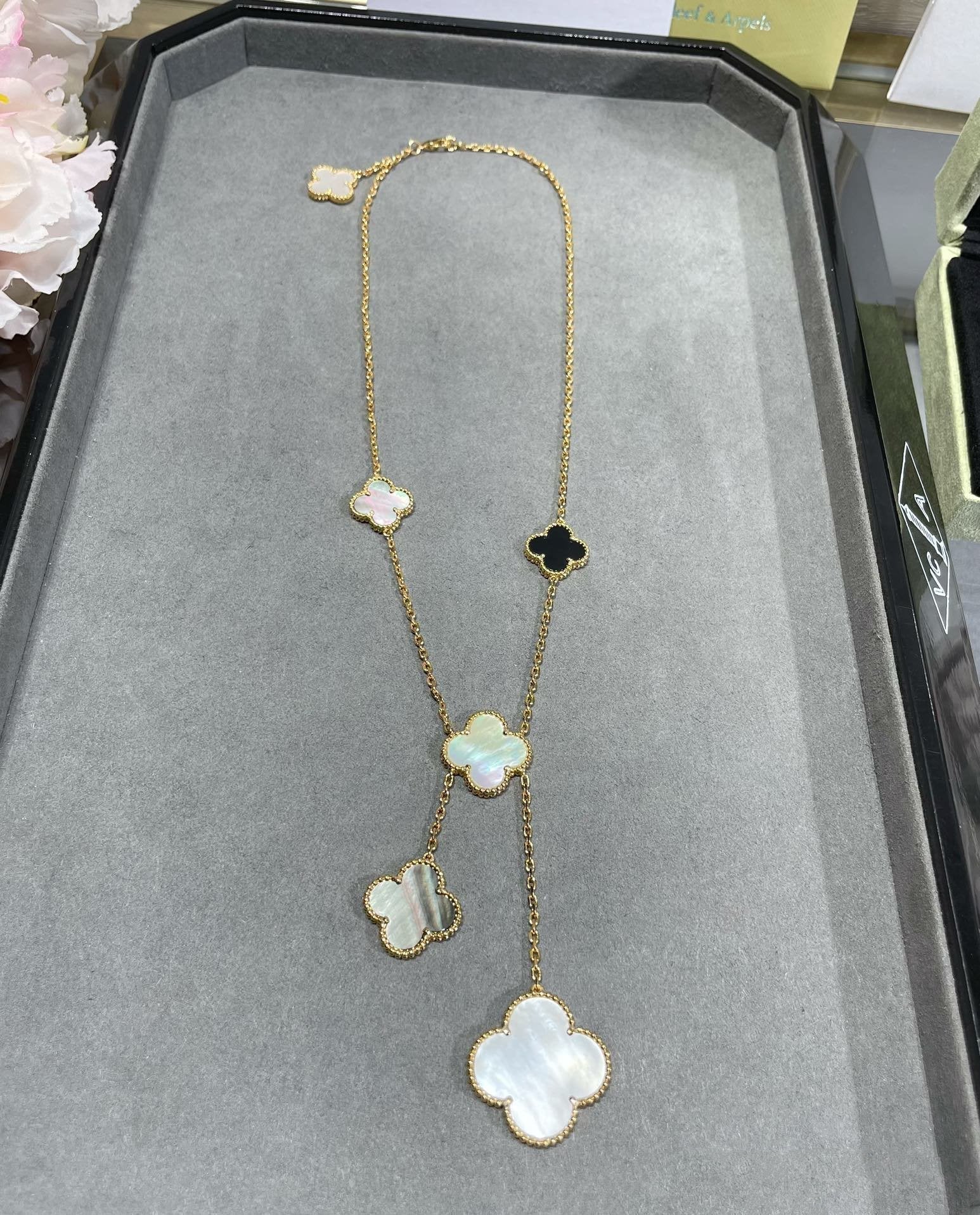[Aurelle Style]CLOVER 6 MOTIF MOP ONYX GOLD NECKLACE