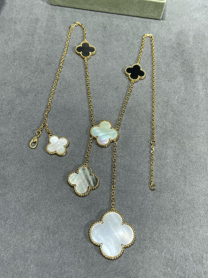 [TOP]CLOVER 6 MOTIF MOP ONYX GOLD NECKLACE