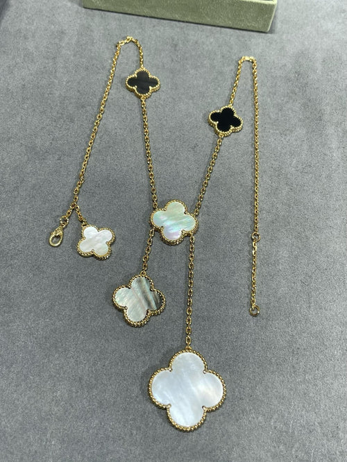 [TOP]CLOVER 6 MOTIF MOP ONYX GOLD NECKLACE
