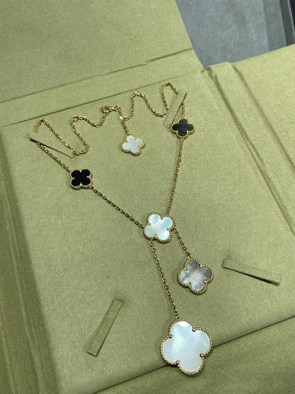 [Aurelle Style]CLOVER 6 MOTIF MOP ONYX GOLD NECKLACE