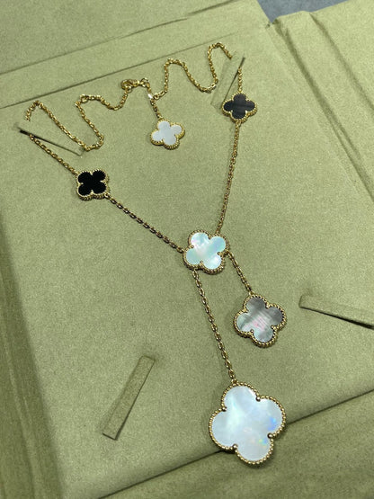 [Aurelle Style]CLOVER 6 MOTIF MOP ONYX GOLD NECKLACE