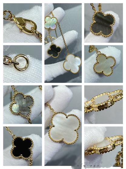 [TOP]CLOVER 6 MOTIF MOP ONYX GOLD NECKLACE