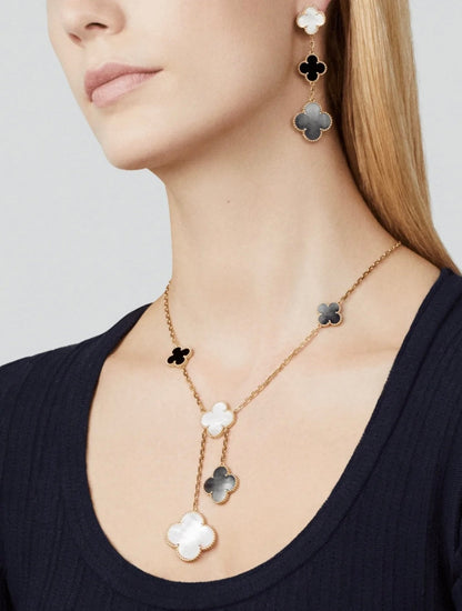 [TOP]CLOVER 3 MOTIF MOP ONYX DARK MOP PINK GOLD EARRINGS