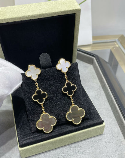 [Aurelle Style]CLOVER 3 MOTIF MOP ONYX DARK MOP PINK GOLD EARRINGS
