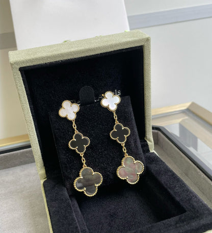 [TOP]CLOVER 3 MOTIF MOP ONYX DARK MOP PINK GOLD EARRINGS