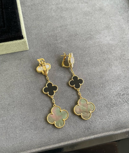 [Aurelle Style]CLOVER 3 MOTIF MOP ONYX DARK MOP PINK GOLD EARRINGS