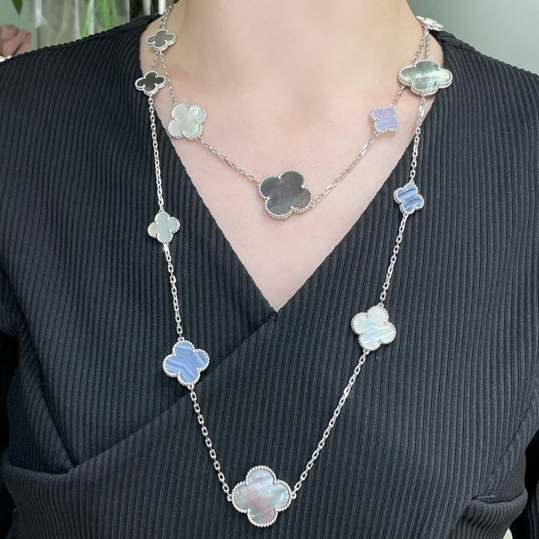 [Aurelle Style]CLOVER 16 MOTIF CHALCEDONY MOP SILVER NECKLACE