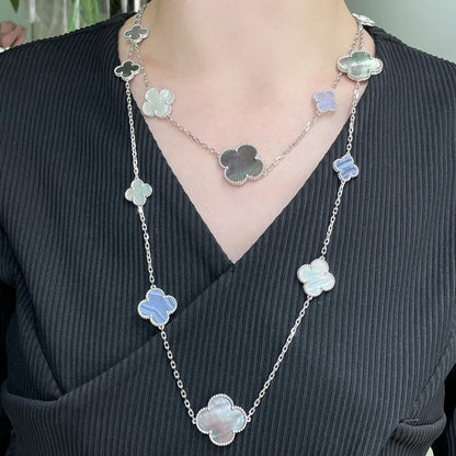 [Aurelle Style]CLOVER 16 MOTIF CHALCEDONY MOP SILVER NECKLACE