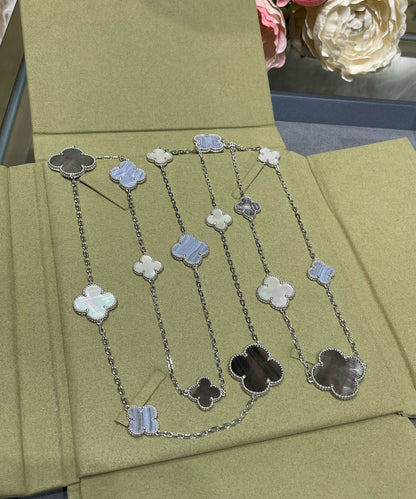 [Aurelle Style]CLOVER 16 MOTIF CHALCEDONY MOP SILVER NECKLACE