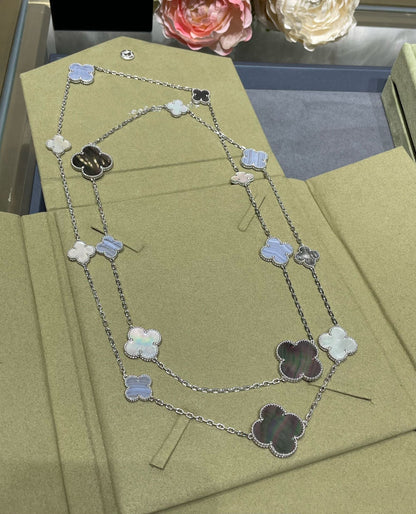 [Aurelle Style]CLOVER 16 MOTIF CHALCEDONY MOP SILVER NECKLACE