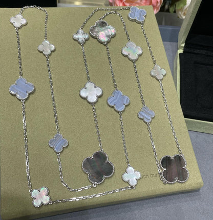 [Aurelle Style]CLOVER 16 MOTIF CHALCEDONY MOP SILVER NECKLACE