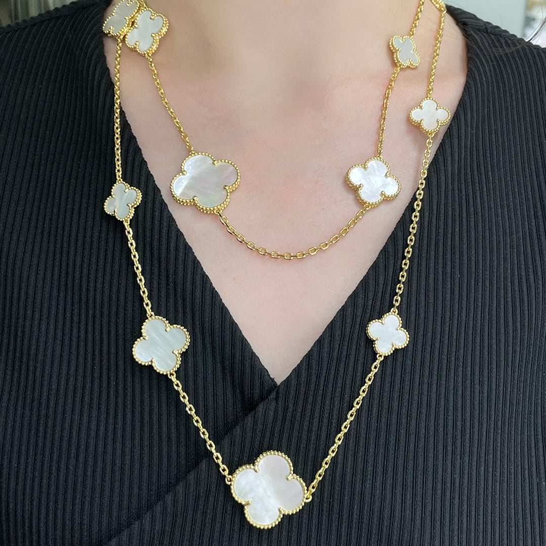 [Aurelle Style]CLOVER 16 MOTIF WHITE MOP GOLD NECKLACE